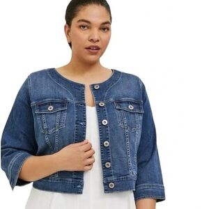 Torrid Blue Medium Wash Collarless Cropped Bolero 3/4 Sleeve Denim Jacket 3683